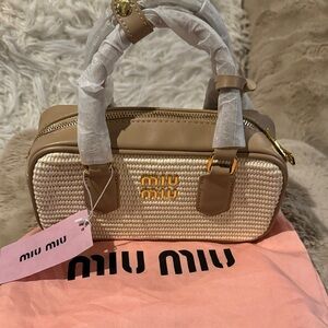 Miu Miu Beige and Cream Woven Mini Top-Handle Bag